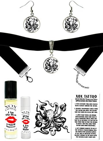 Octopus Velvet Choker, Earrings, Temp Tattoos, Body Oil, Lip Balm Gift Set