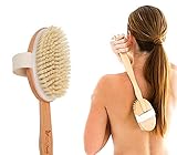 Dry Body Brush for Skin Brushing - Natural Bristle | Exfoliate, Reduce Cellulite, Improve Circulation | Boar Bristles | Long, Removable Handle | Free Cloth Travel Bag