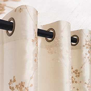 jinchan Faux Silk Floral Embroidered Sheer Curtains for Bedroom Embroidery Curtain for Living Room 84 inch Length, 2 Panels, Ivory