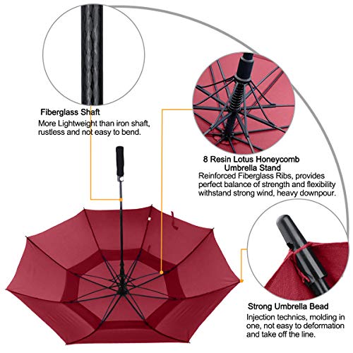 ACEIken Golf Umbrella Windproof Large 62 Inch, Double Canopy Vented, Automatic Open, Extra Large Oversized,Sun Protection Ultra Rain & Wind Resistant Stick Umbrellas (Red) - Thumbnail 4