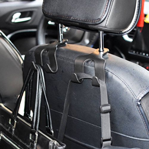 2 Sets Car SUV Headrest Hanger With Double Hooks XL For Back Seat - Great Hanger For Purse, Grocery Bags And Clothes - Convenient Universal Vehicle Storage Organizer – Max. Load 16 Lbs (Black)