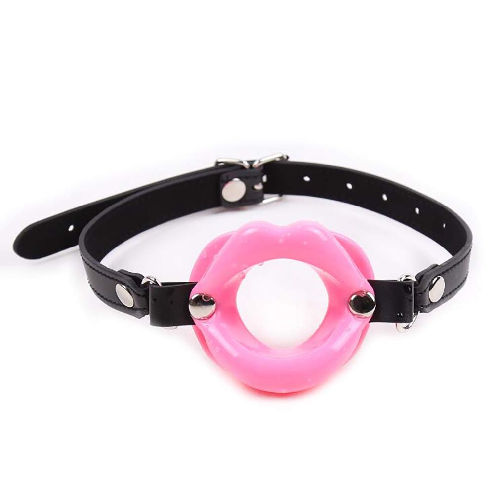 Open O Soft Silicone Black Leather Mouth Lip Shape Toy Mouth Plug Ball for Couples (Pink)