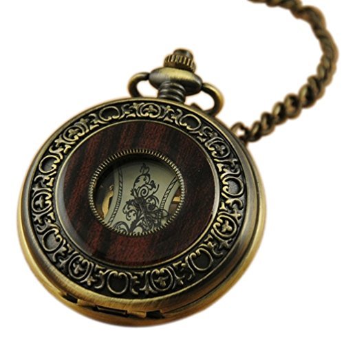 VIGOROSO Men's Vintage Wood Grain Hollow Selfwind Steampunk Chain Mechanical Pocket Watch Gift Box