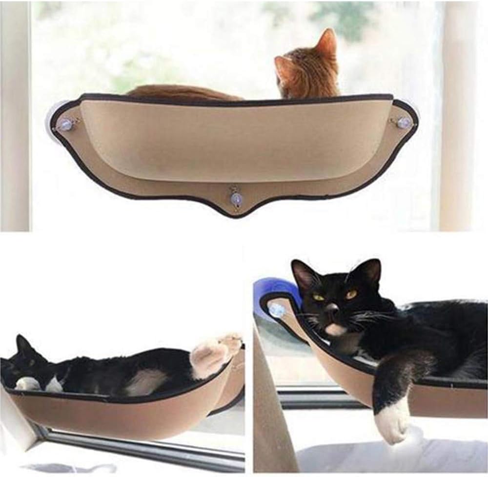 Cat Window Mounted Bed w/Suction Cups, Indoor Pet Kitty Window Sill Perch Hammock Bed, Cat Rest House Seat Lounger, Kitty Hanging Sunbath Sofa, for Any Glass Window Or Door(Beige)