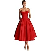 Ibpdea Tea Length Prom Dresses Satin Ball Gown Strapless Ruched Formal Evening Dress for Women