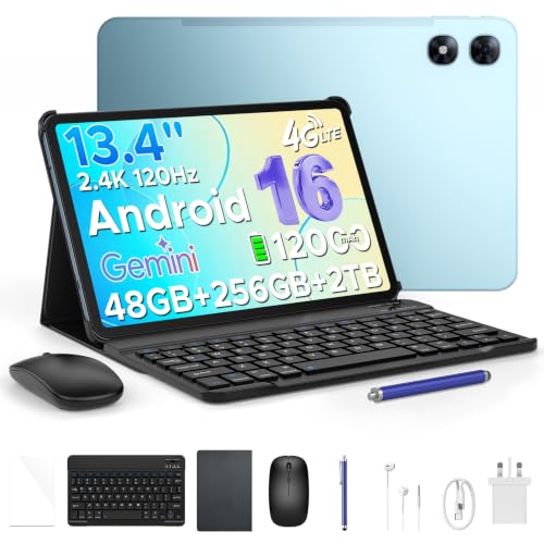 Easerush P13 Pro Android 16 Tablet, 13 inch Tablet 2.4K 120Hz, Gemini AI, 48GB+256GB/TF 2TB, 12000mAh, 4G Dual SIM, Tablet with Keyboard and Stylus, OTG, 16MP+8MP, Face ID, 5G WiF, 3.5mm jack, Blue