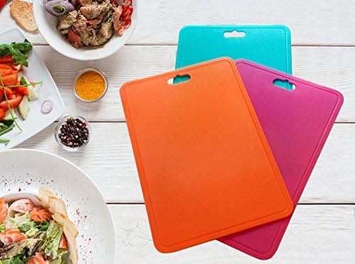 Pop Kitchen Products Presents Durable Plastic Colorful Cutting Boards Set Of 3. Heavy Duty Anti-Bacterial Board Perfect For Chopping, Cutting And All Food Prep For Professional Kitchens and Chefs