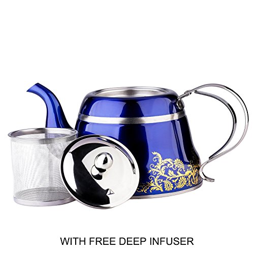 Blue Tea Pot with Infuser Loose Tea for Stovetop Stainless Steel Coffee Kettle 8 Cup Quick Boil Sturdy Teapot Hot Water Mirror Finish 2 Liter/2.1 Quart 68 Ounce by Onlycooker