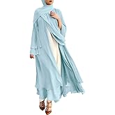 IWEMEK Women Chiffon Muslim Dress Middle East Arabian Robe Islamic Open Front Abaya Long Sleeve Flowy Maxi Cardigan Dress