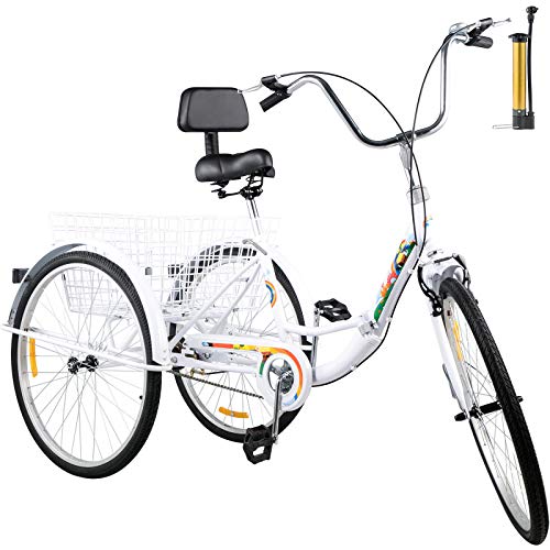 Bkisy Tricycle Adult 24” 1-Speed 3 Wheel Bikes for Adults Three Wheel Bike for Adults Adult Trike Adult Folding Tricycle Foldable Adult Tricycle 3 Wheel Bike Trike for Adults (White)