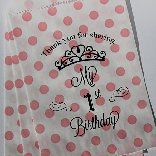 Bakers Bling First Birthday Party Favor Bags with Stickers, Thank You for Sharing My First Birthday Princess Crown, Pink and White Polka Dots, 5.5" x 7.5", Set of 48 Bags, 48 Stickers