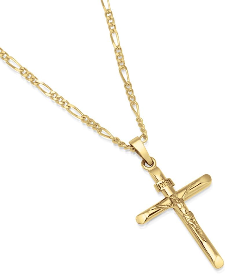 14K Gold Plated Sterling Silver INRI Crucifix Cross Pendant Figaro Chain Necklace - Choice of Sizes