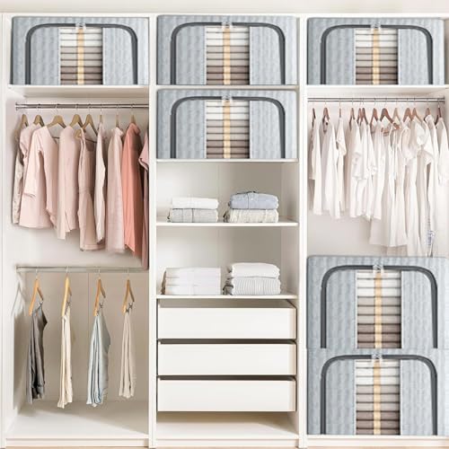 Resszo Lot of 2 Rigid Wardrobe Boxes 66L, 50x40x33CM Clothes Boxes with Metal Frame, Oxford & Double Window/Zip, Space Saving Closet Containers, Grey