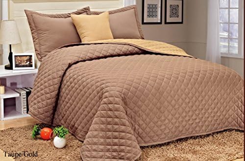 Awad Home Fashion 4 Piece Reversible Taupe &amp; Gold Quilt Bedspread Coverlet Diamond Microfiber Set (Queen)