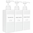 Shampoo and Conditioner Dispenser, Refillable Plastic Shampoo Pump Bottles with Waterproof Labels, Empty Body Wash Dispenser Set for Bathroom, Shower Soap Bottles (White, Set of 3, 16.9oz)