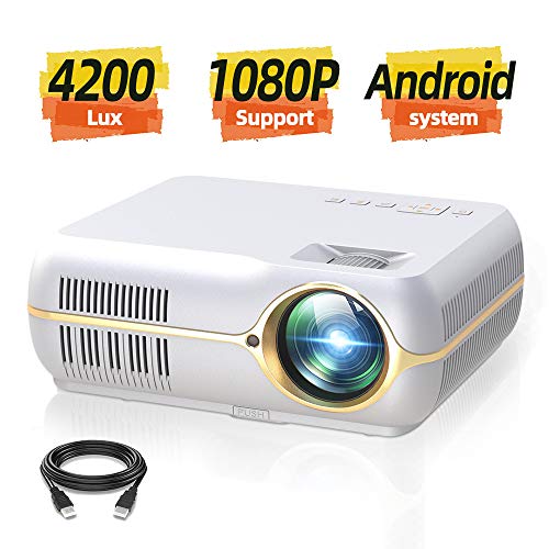 Full HD Projector with 4200 Lux, Android Wireless Video Projector with 200″ Projection Size,Home Movie Cinema Support 1080P HDMI in VGA AV USB with Free AV VGA Cable