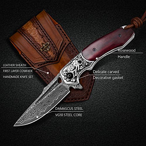 TURENZ Folding Tactical Knife with 3inch Handmade Damascus Steel Blade