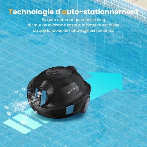 Robot Piscine, Robot Piscine sans Fil Y10 | Aspirateur Automatique et Puissant, 120 Minutes d'Autonomie & Auto-Stationnement, Conçu pour Bassins Enterrés et Piscines à Fond Plat jusqu'à 100 m²(Noir)