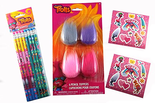 Trolls Dreamworks 8 Pencils, 4 Pencil Hair Toppers and 2 Trolls Sticker Sheets, 14 PC Bundle