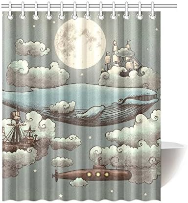 Eco-friendly Ocean Meets Sky Boat Whale Moon Cloud Shower Curtain Waterproof Bathroom Curtain Liner with Hook 60" x 72"