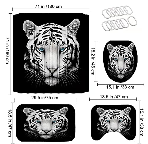 4 Pcs White Tiger Shower Curtain Sets with Non-Slip Rug, Bathroom Decor Sets Shower Curtain Toilet Mat Lid with 12 Hooks,Bathroom Sets with Shower Curtain and Rugs and Accessories,71\
