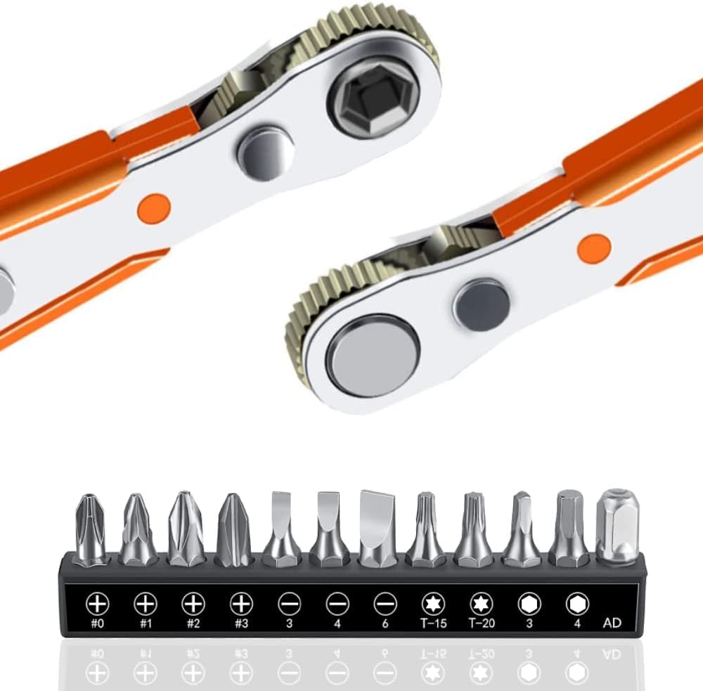 Loofu Magnetic Screwdriver Set 12PCS, 4.5 Inch 1/4" Mini Ratchet Wrench,12PCS Screwdriver Bits with 1/4-Inch Drive High Torque Offset Reversible Mini Ratcheting Offset Screwdriver