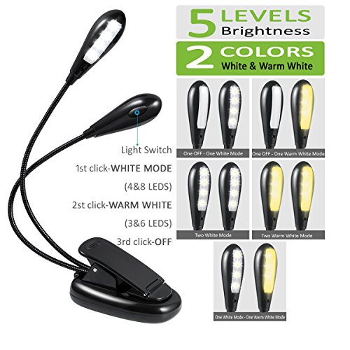 Reading Light Clip On Book Light ,Music Stand Light USB Rechargeable Adjustable Portable Eye-care Lamp,14 LED with 2 Arms,Reading in Bed for Kids,Children,Kindle,E-reader Piano,Travel,Night fishing