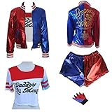 4PCS (Embroidery Jacket + T- Shirt + Square shorts+ 1Glove) For Kids Suicide Squad Harley Quinn Cosplay Kit (S=Height 110CM)