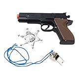 Imprints Plus 3-Piece Toy 45 Pistol Bundle Includes 1 Police Style Revolver Black with Brown Handle Cap Gun with 1 Whistles and 1 Chrome Finished Badges for Dress-Up and Costume Accessories (G6)