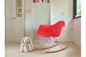 Red Mid-Century Modern Kids Rocking Chair – Bucket Eames-Style Armchair with Wood Rocker Legs and Metal Base, Furniture for C