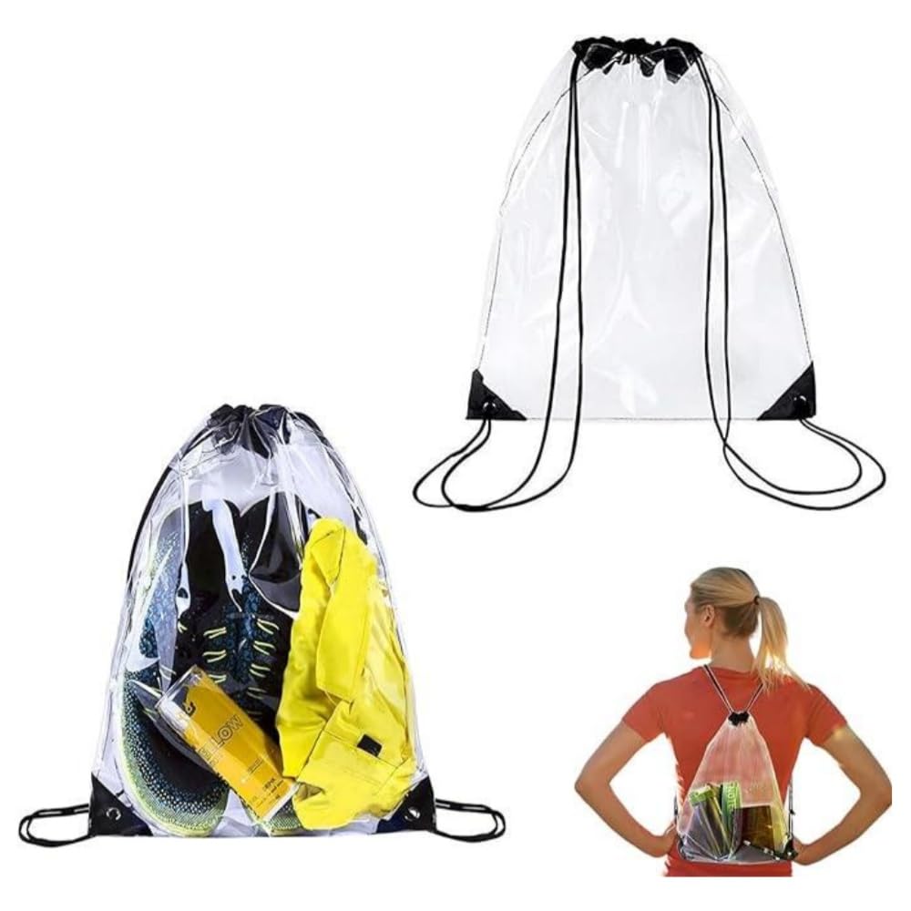 KOMUNJ Pack of 2 Transparent Drawstring Bags, Transparent Sports Backpack with Drawstring, Transparent Sports Bag for Festival, School, Outdoor, Beach Swimming, Travel (34 x 45 cm), transparent, 34 *
