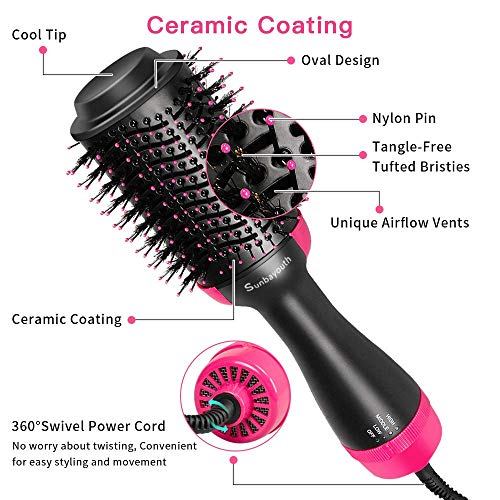 Hair Blow Dryer Brush One Step Hair Dryer and Volumizer Hot Air Brush Ceramic Electric Blow Dryer 3 in 1 Negative Ion Hair Straightener Curler Brush Salon Oval Comb with 4pcs Hair Clips (rose)