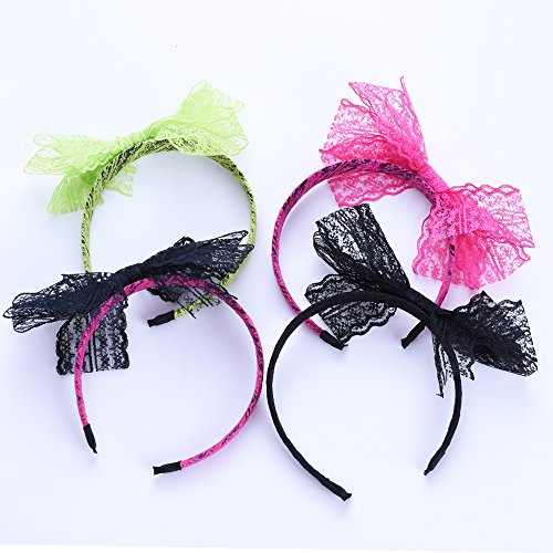 LEKUSHA Women's 80s Costume Accessories Neon Lace Headband Hair Band with Bow, Black Rose Red, Set of 2