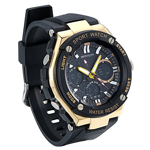 JewelryWe Gifts for Fathers Day Mens Outdoor Sport Watch, 30M Water Resistant EL Backlight Military Dual Time, Quartz Analog and Digital Watches for Men - Black Gold