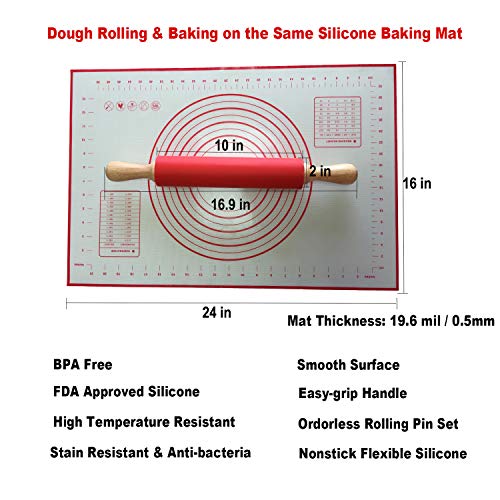 Pastry Mat 24" x 16" with Silicone Rolling Pin 16.9" - Large Non-stick Non-slip Pastry Baking Mat Dough Mat- Perfect Bakeware for Cookies Bread Fondant Pie Crust Making - Thumbnail 3