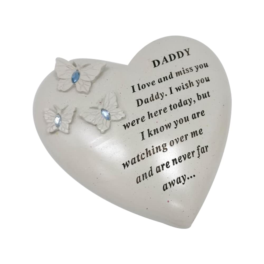 Personalised Grave Ornament/Memorial Plaque with Heart With 3 butterflies & Blue Gems | Graveside Decoration Gift in the Loving Memory of your Loving Deceased Ones (Daddy)