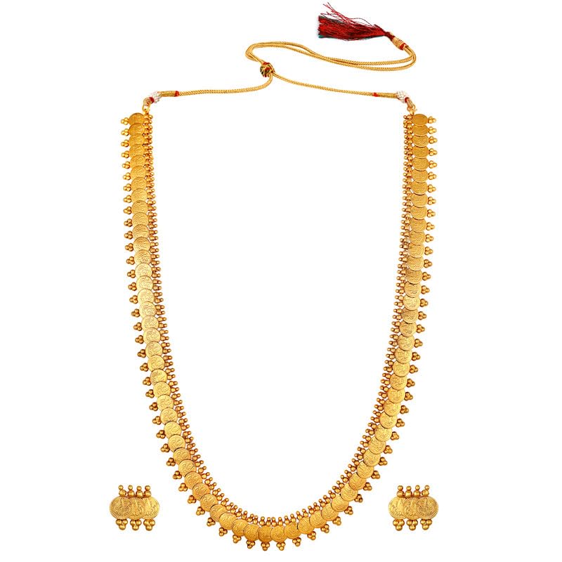 Aheli Wedding Wear Gold Tone Goddess Engraved on Coin Long Necklace Set South Indian Traditional Bollywood Fashion Jewelry Set for Women