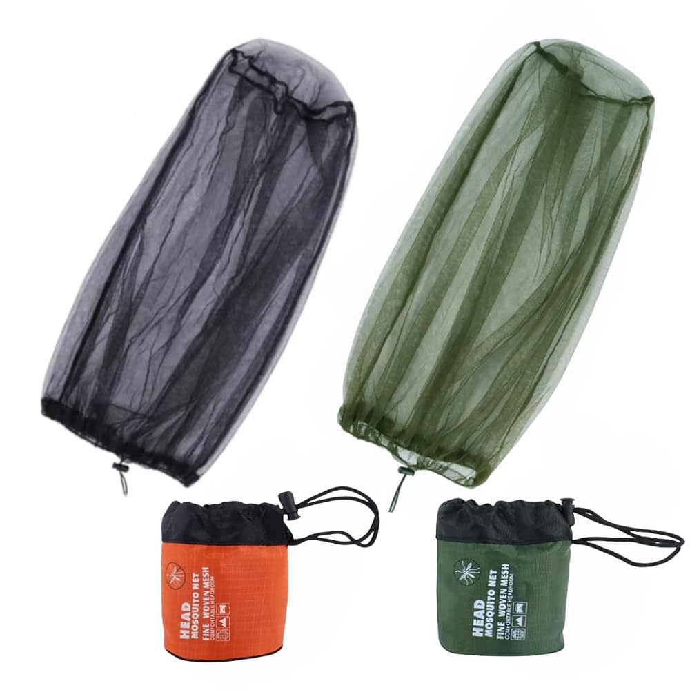 Ziyofinn 2PCS Midge Head Net with Storage Bag Face Net Mesh Nylon Mosquito Head Net for Outdoor Hiking Camping Climbing Fishing and Walking (Black/Green)