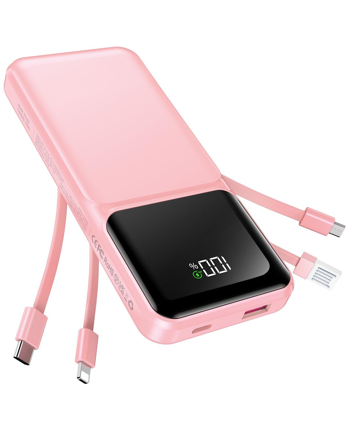 RONEGN Portable Charger with Built in Cable -20000mAh Fast Charging Power Bank USB C Slim 22.5W LED Display Battery Pack 5 Outputs & 3 Inputs for Travel Essentials iPhone Samsung Phones Pink