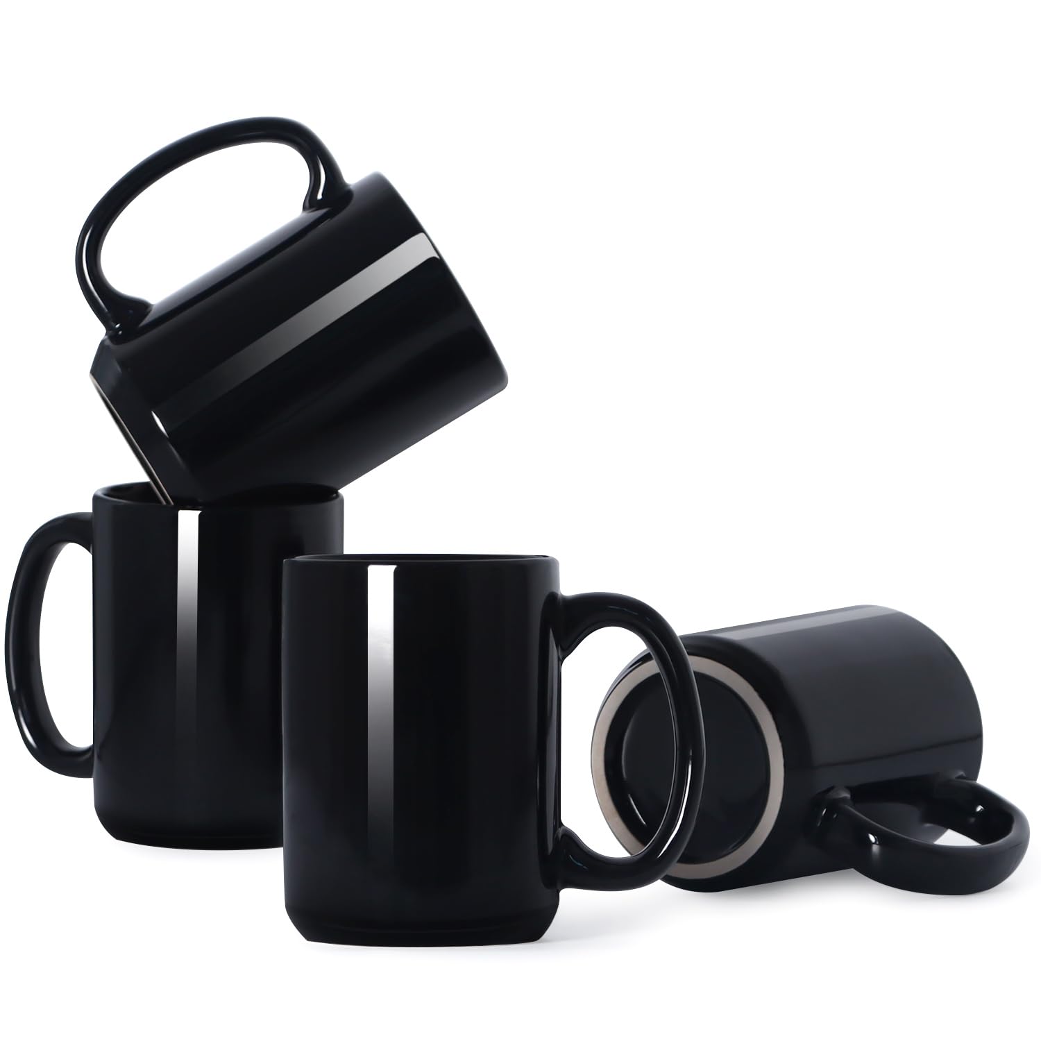 Smilatte 450ml Porcelain Coffee Mugs, Classic Blank Ceramic Cup with Large Handle for Tea Latte Cappuccino, Set of 4, Blck