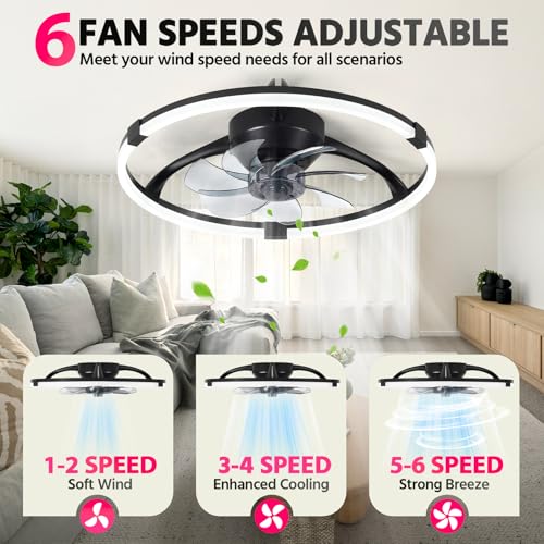 Lujeet Ceiling Fans with Lights Low Profile, 19.7'' LED Ceiling Fan with Remote & APP, 3CCT Dimmable Ceiling Fan with Light Flush Mount, Reversible 6 Speeds Ceiling Fan with Light for Bedroom Black