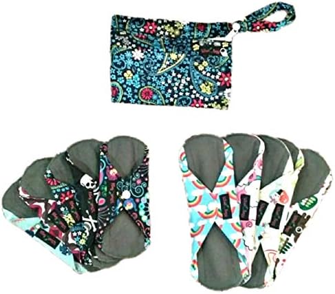 Wiseology 10 Piece Bundle - 5 Medium, 5 Light Bamboo Charcoal Reusable Washable Menstrual Incontinence Cloth Liners + Wet Bag