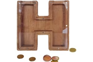 MOONASE Wooden Money Bank Personalized Letters Coin Bank Text Engraved Money Box Wooden Coin Bank ​Gift for Kids Christmas Birthday Gift Home Decoration (H)