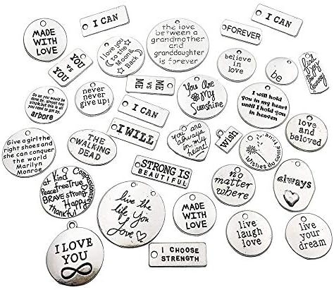 30 Pack Charms Pendants DIY Handmade Accessories for Crafting, Metal Bracelet Necklace Jewelry Findings, Inspiring Words Letters Pendants Set, Mixed Style Silver