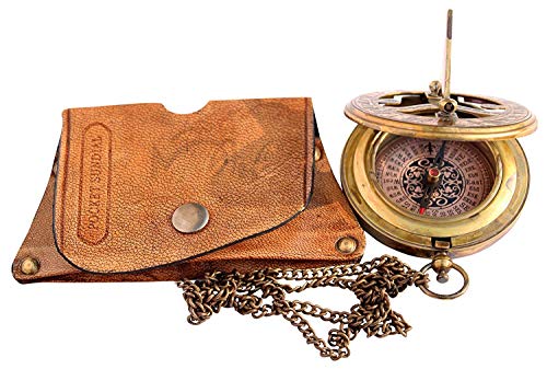 MAH Brass Sundial Compass with Leather Case and Necklace Chain - Push Open Compass - Steampunk Accessory - Antiquated Finish - Beautiful Handmade Gift -Sundial Clock C-3047