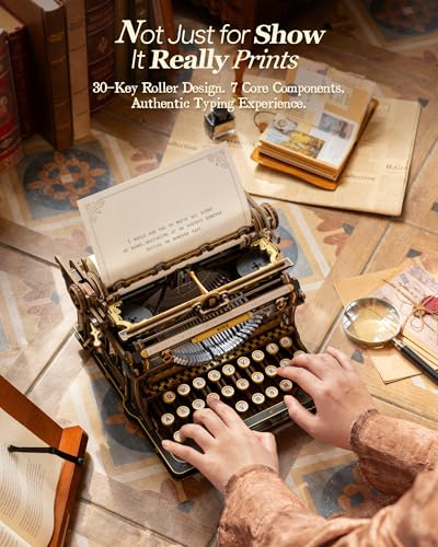 ROKR 3D Wooden Puzzle Typewriter for Adults - Black and Gold, Mechanical Modelling Kit, Vintage Model for Office, DIY Gift for Patient Builders (Black)