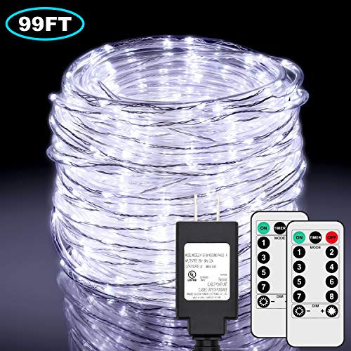 99Ft LED Rope Lights Outdoor, 500 LEDs Fairy String Lights Plug in 8 Modes, Dimmable, Super Durable, Waterproof String Lights Outdoor Indoor for Patio Wedding Christmas, 2 Remote Control (White)