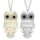 Amazing Value Jewelry Set Kit of 2 Classic Style Necklaces With Cute Black Eyed Owls Pendants On Chains In Silver And Golden Colors By VAGA®