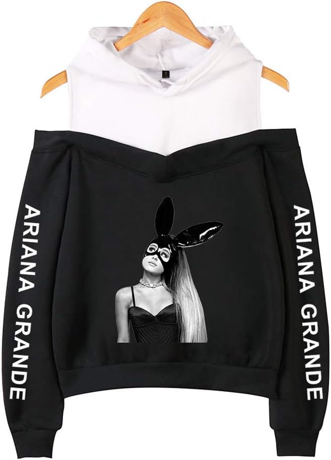 Forlove365 Women's Girls A-ri-a-na Gran-de Hoodie Cold Shoulder Hooded Sweatshirt