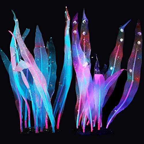 SunKni 2 Pack Glowing Effect Kelp Aquarium Decorations Plants Fish Tank Ornaments Artificial Floating Silicone Décor Landscape 7 Inches Seaweed Colorful (Pink + Blue)